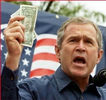 Bush holds up a dollar bill